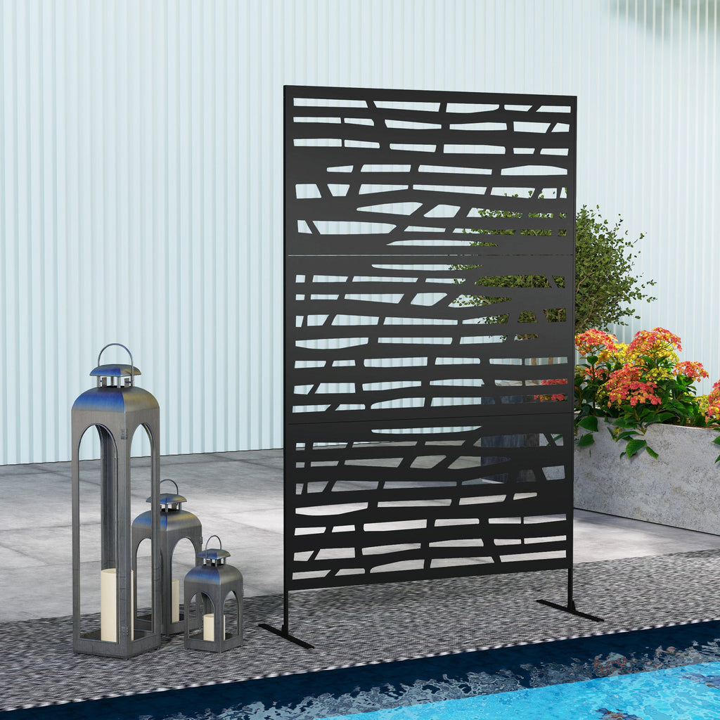 Metal Outdoor Privacy Screen, 78"H x 48"W Decorative Outdoor Divider with Stand, Freestanding Privacy Panel with Striped Hollow Design for Garden, Patio, Backyard, Black