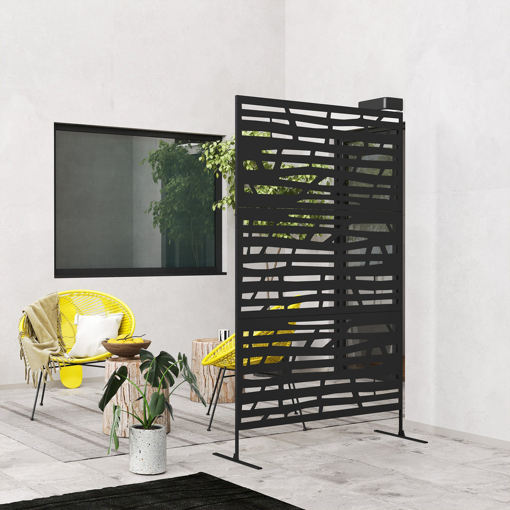 Metal Outdoor Privacy Screen, 78"H x 48"W Decorative Outdoor Divider with Stand, Freestanding Privacy Panel with Striped Hollow Design for Garden, Patio, Backyard, Black