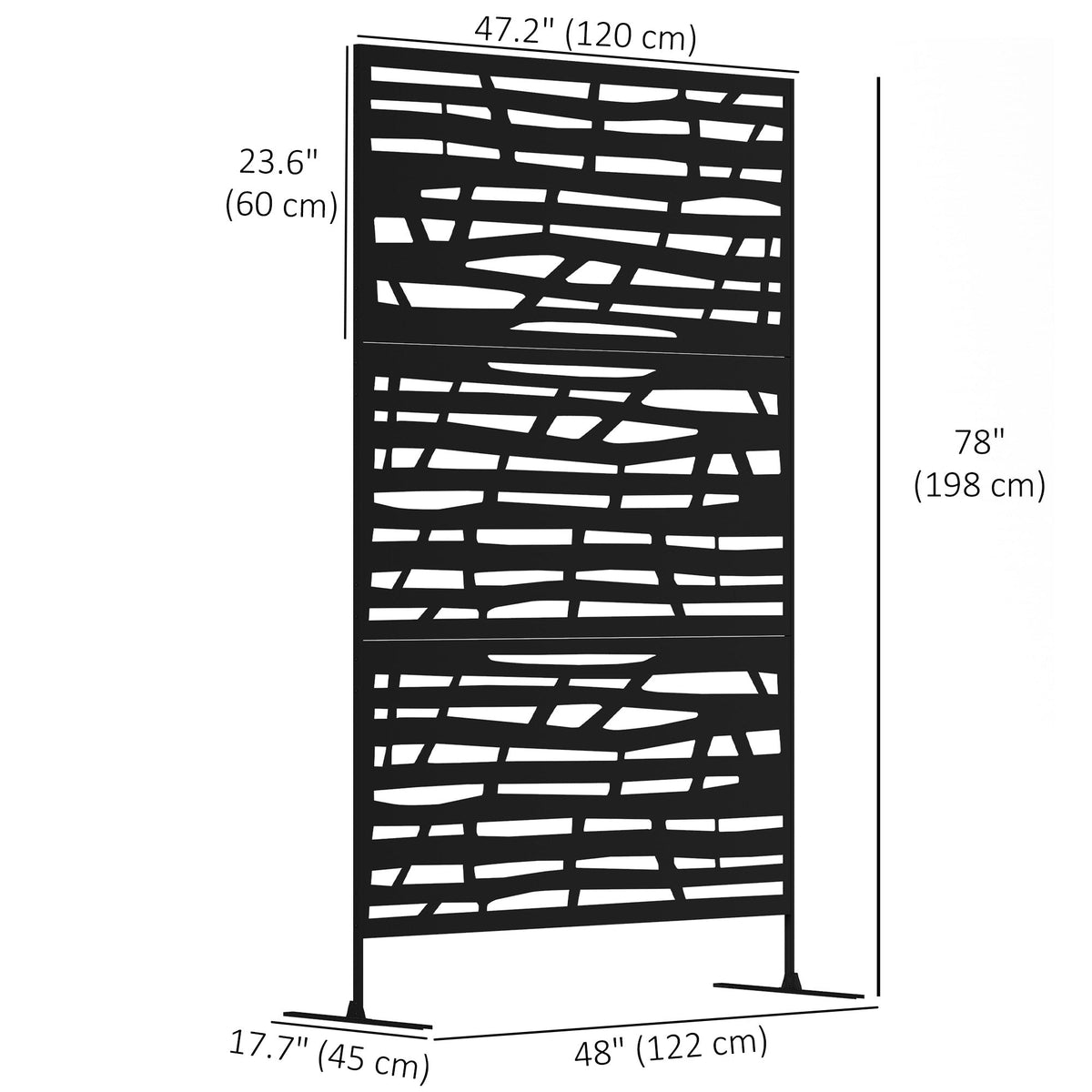 Metal Outdoor Privacy Screen, 78"H x 48"W Decorative Outdoor Divider with Stand, Freestanding Privacy Panel with Striped Hollow Design for Garden, Patio, Backyard, Black