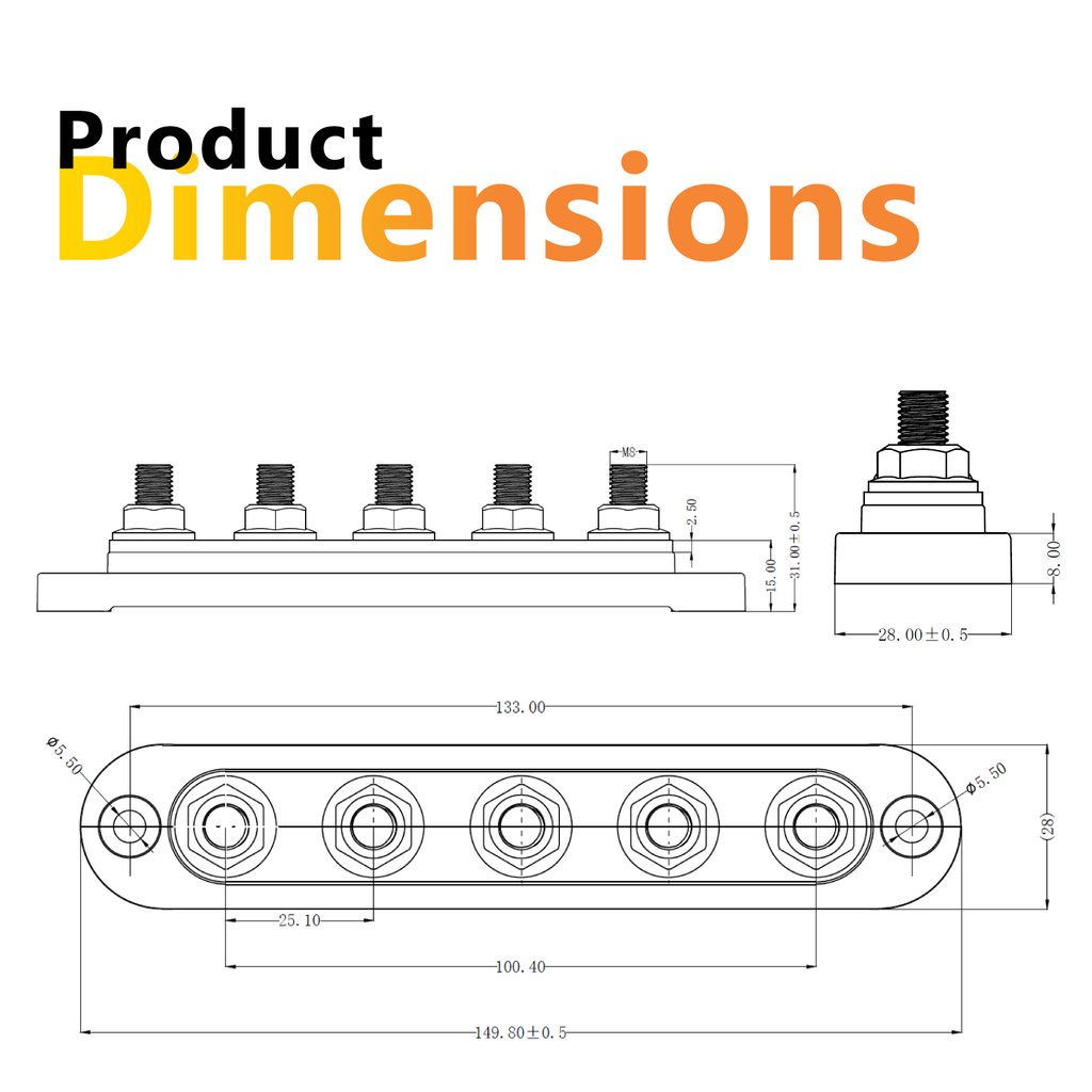 Exotronic 150A Black 5x M8 Stud Busbar with Cover
