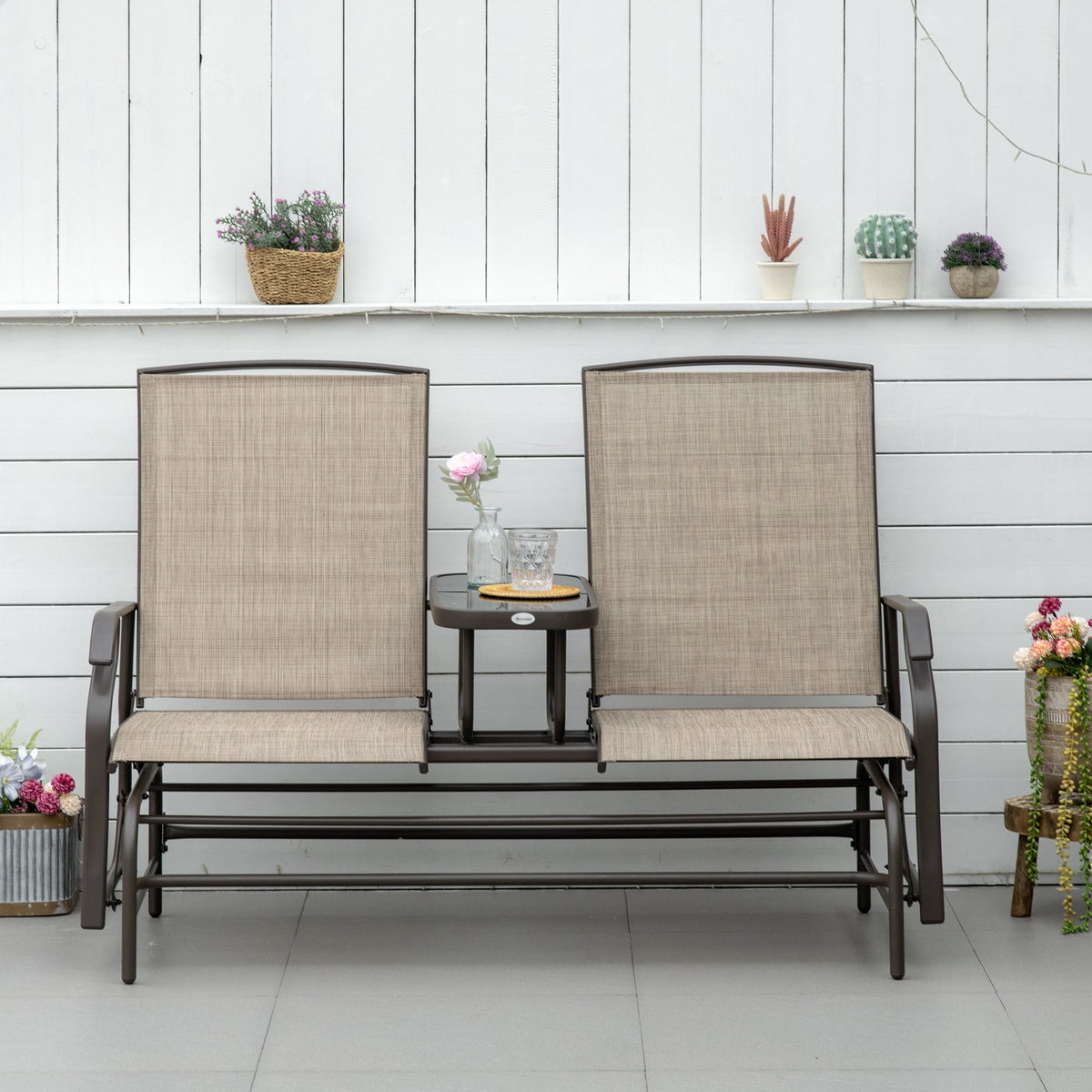 Patio Glider Rocking Chair 2 Person Outdoor Loveseat Rocker Garden Furniture Bench, Flaxen