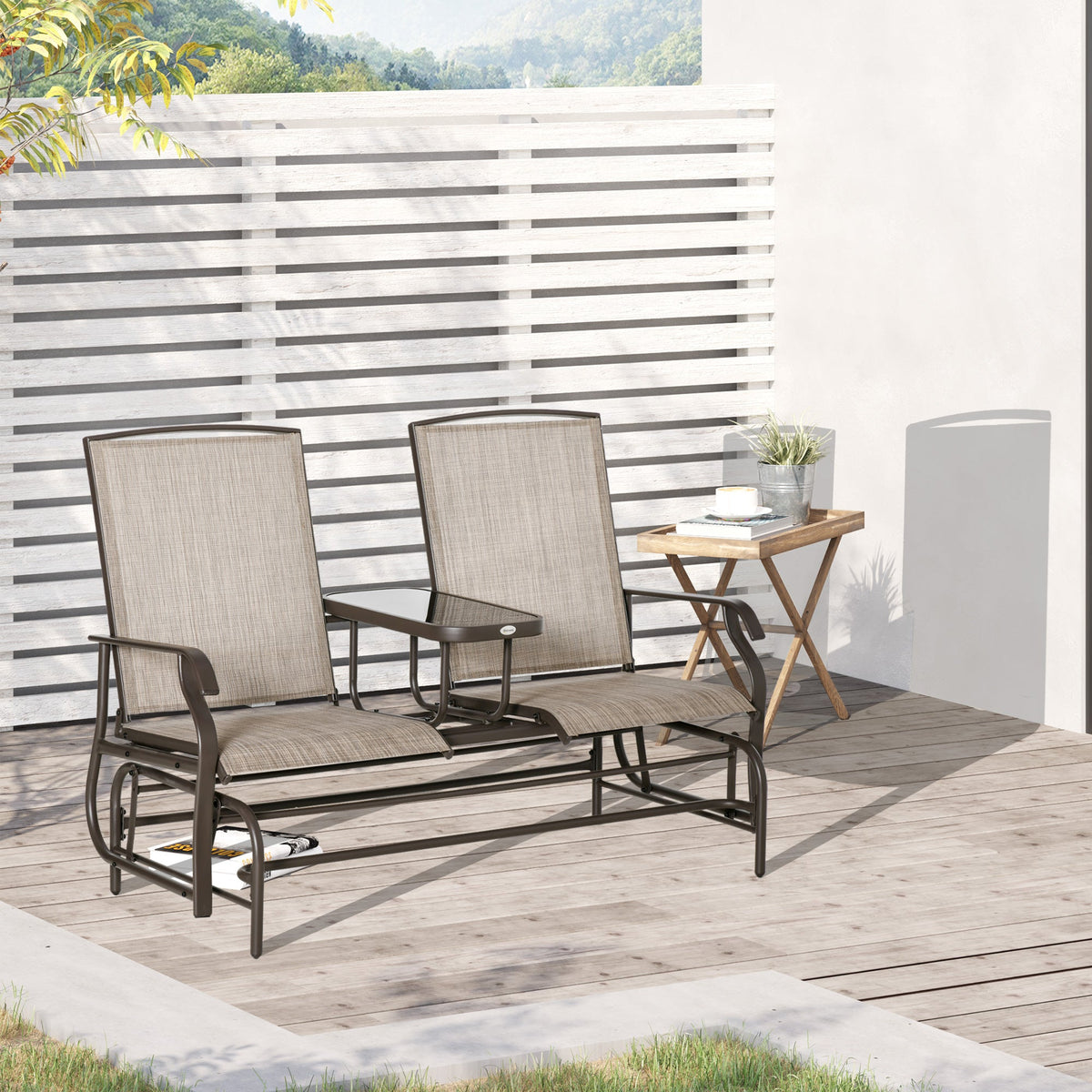 Patio Glider Rocking Chair 2 Person Outdoor Loveseat Rocker Garden Furniture Bench, Flaxen