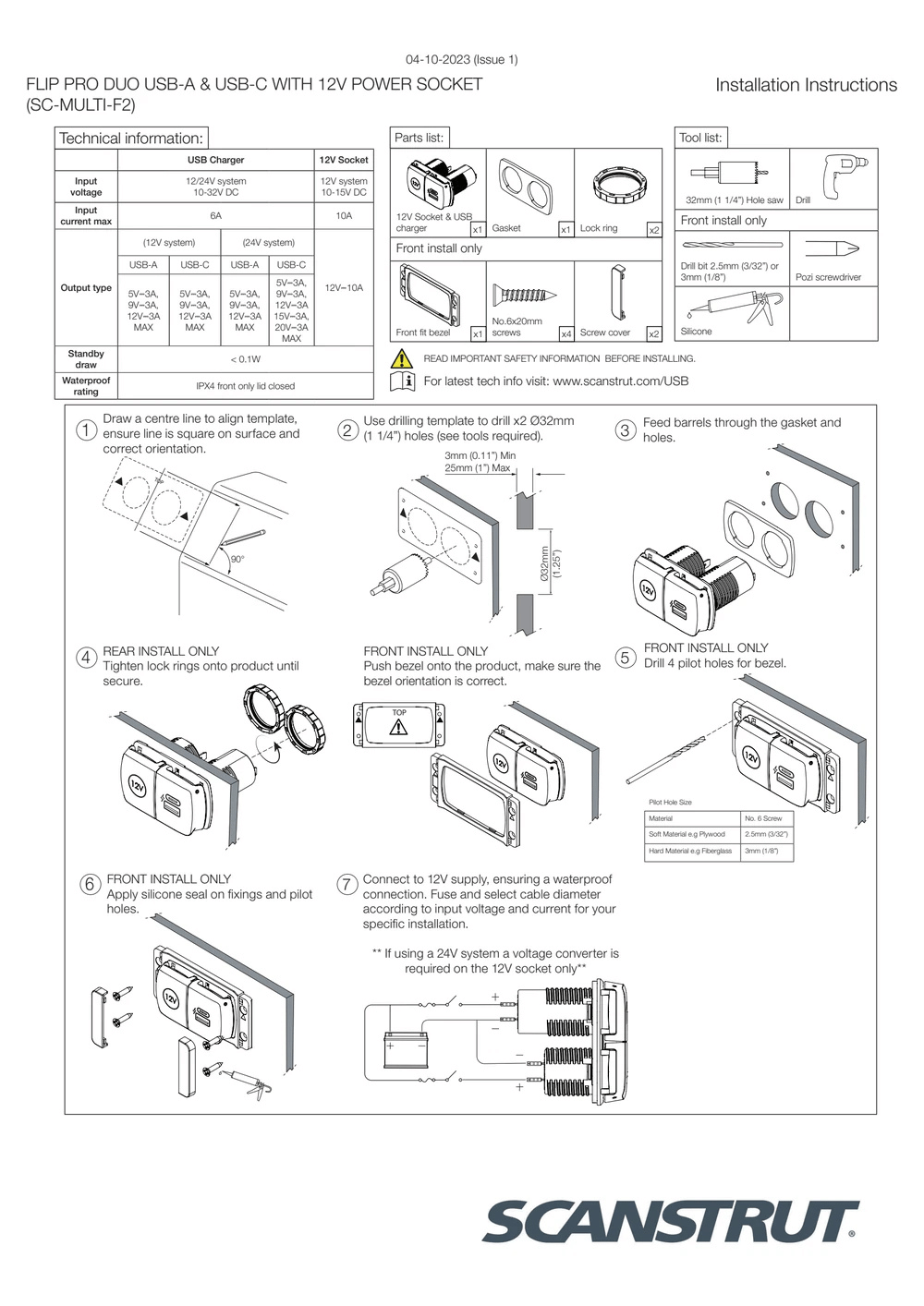 Scanstrut 12V Flip Pro Duo USB-A, USB-C & Accessory/Cigarette Socket