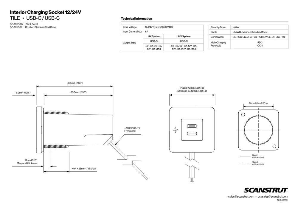 Scanstrut 12/24V TILE Brushed Stainless Dual USB-C Socket