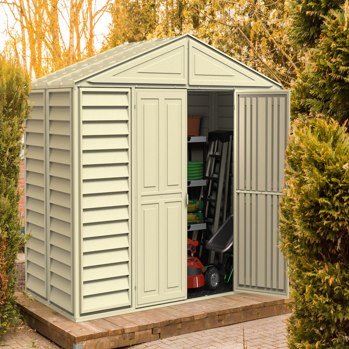 DuraMax 10.5ft x 5ft Woodbridge Vinyl Shed with Foundation Kit 00283