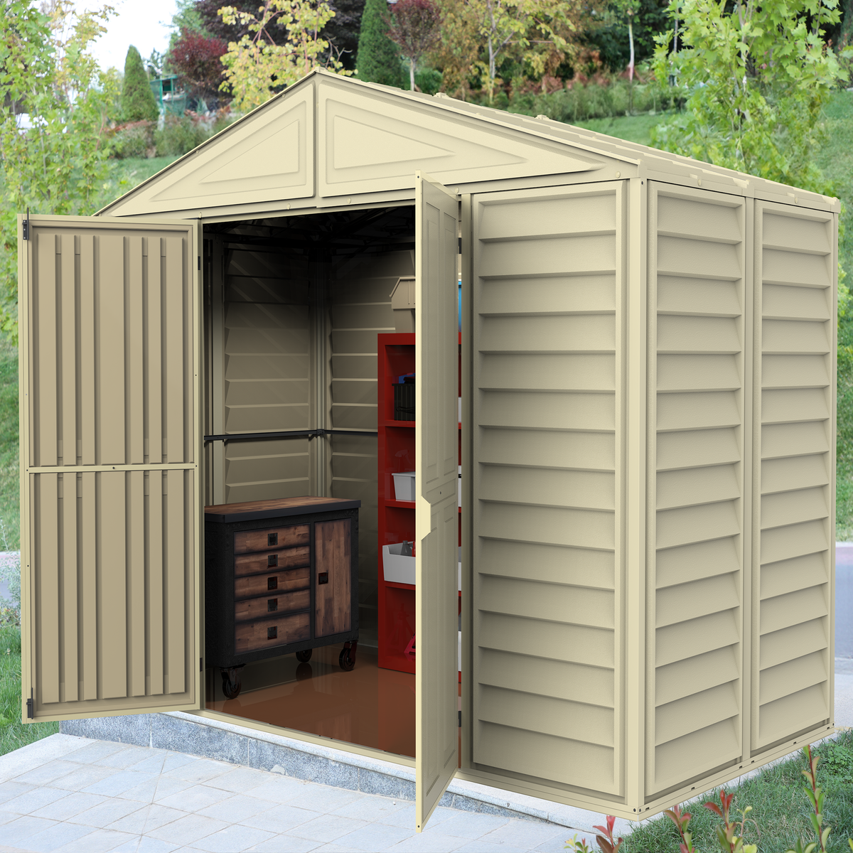 DuraMax 10.5ft x 5ft Woodbridge Vinyl Shed with Foundation Kit 00283
