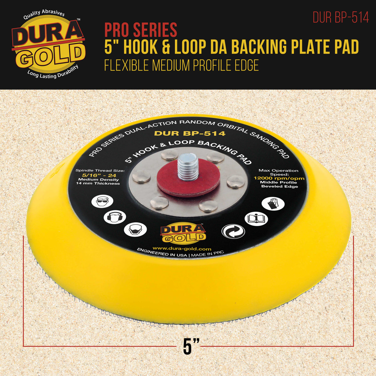 Pro Series 5" Hook & Loop DA Backing Plate Pad - 14mm Thick Medium Profile Edge, Dual-Action Random Orbital Sanding Pad, For Sander Polisher