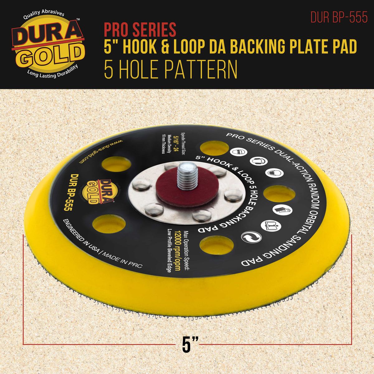 Pro Series 5" Hook & Loop DA Backing Plate Pad, 5 Hole Pattern Dustless - Dual-Action Random Orbital Sanding Pad, For Sander Polisher Auto