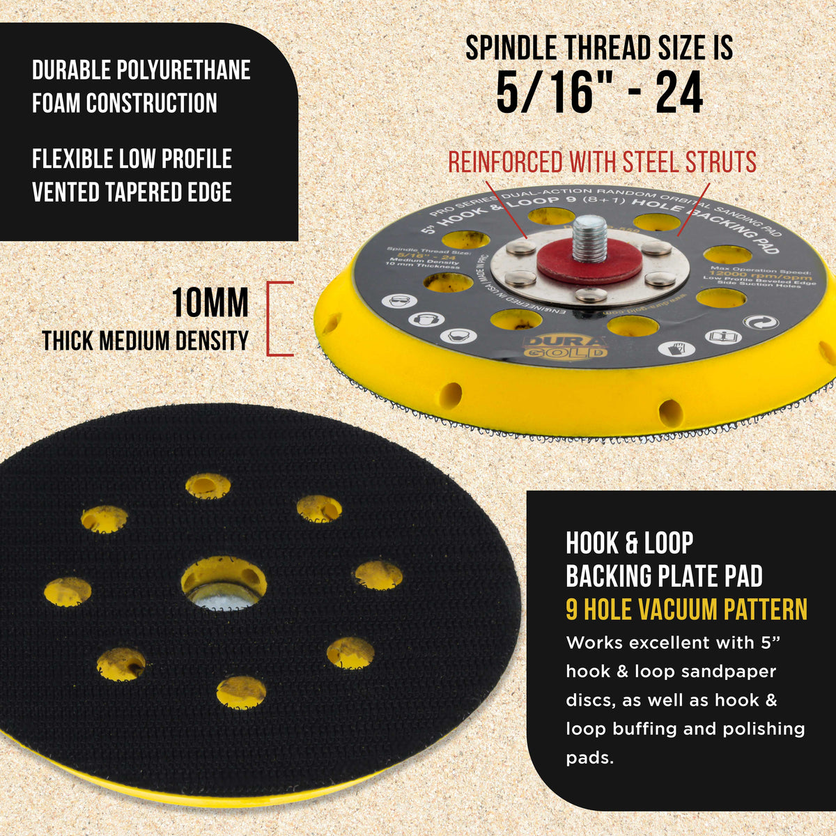 Pro Series 5" Hook & Loop DA Backing Plate Pad, 9 (8 + 1) Hole Pattern Dustless - Dual-Action Random Orbital Sanding Pad, For Sander Auto