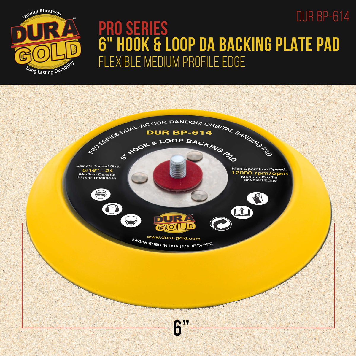 Pro Series 6" Hook & Loop DA Backing Plate Pad - 14mm Thick Medium Profile Edge, Dual-Action Random Orbital Sanding Pad, For Sander Polisher