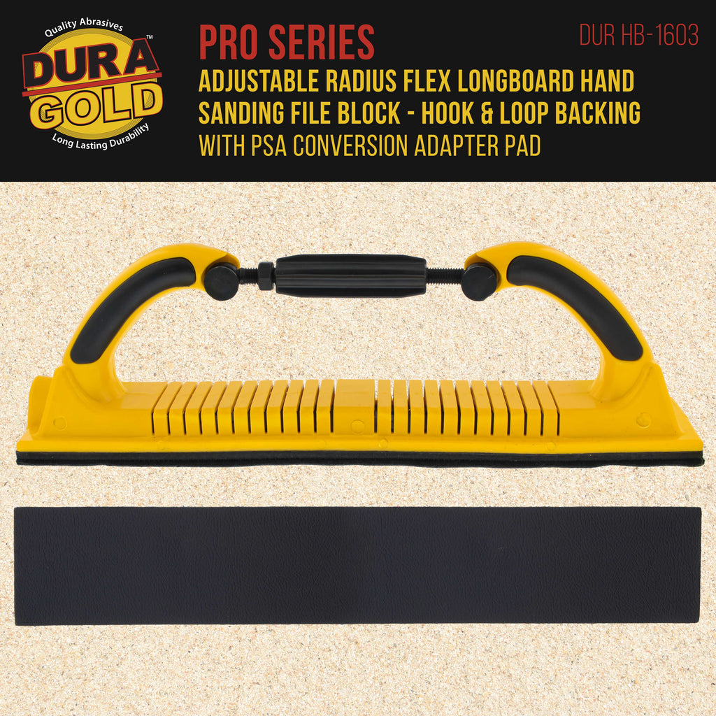 Pro Series Adjustable Flex Longboard Hand Sanding File Block with Both Hook & Loop Backing and PSA Backing Conversion Adapter Pad, Sandpaper