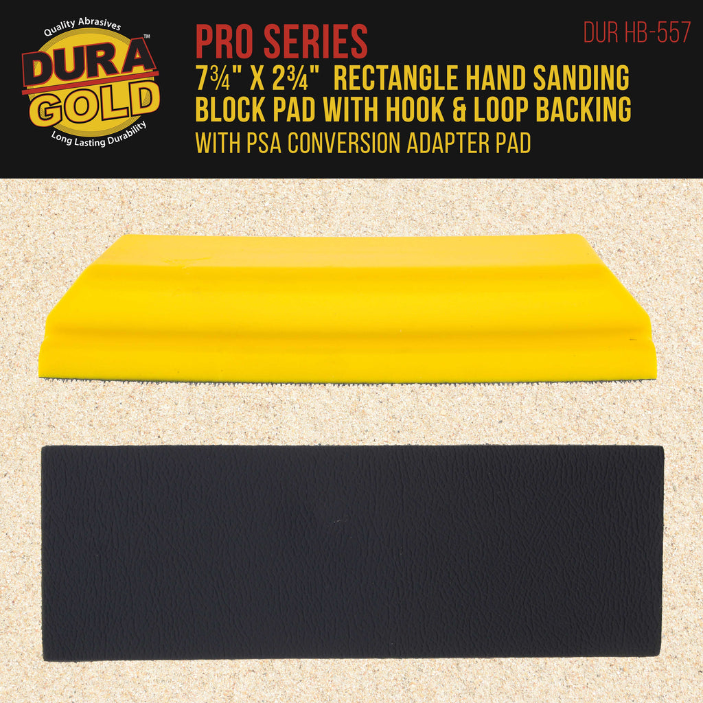 Pro Series Rectangle 7-3/4" x 2-3/4" Hand Sanding Block Pad with Hook & Loop Backing and PSA Sandpaper Conversion Adapter Pad - Sand Paint