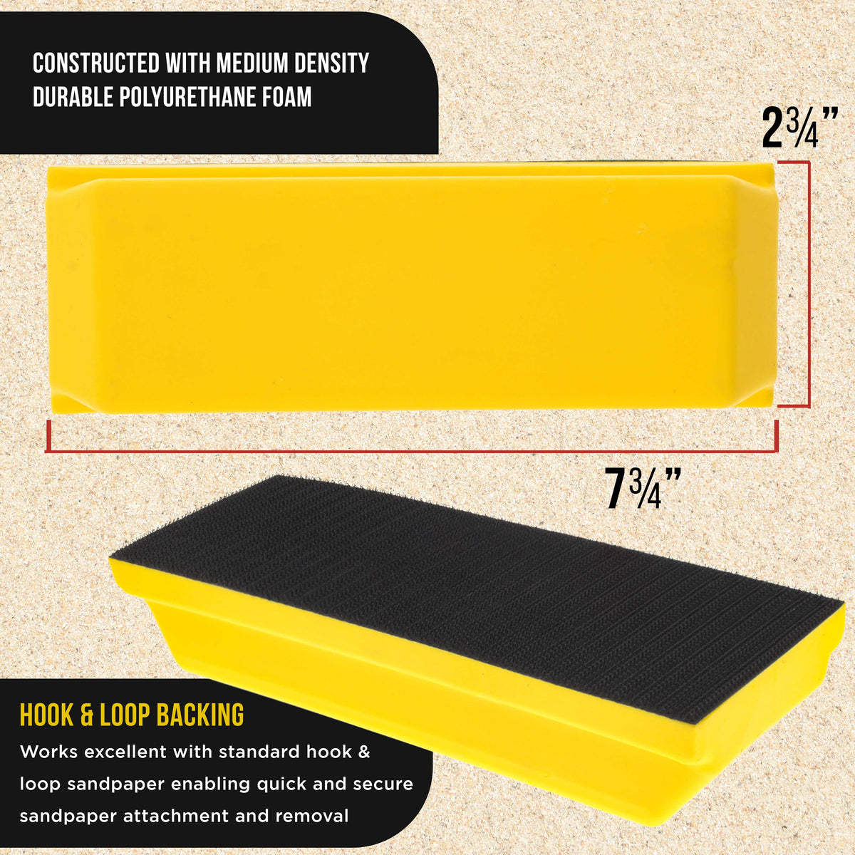 Pro Series Rectangle 7-3/4" x 2-3/4" Hand Sanding Block Pad with Hook & Loop Backing and PSA Sandpaper Conversion Adapter Pad - Sand Paint