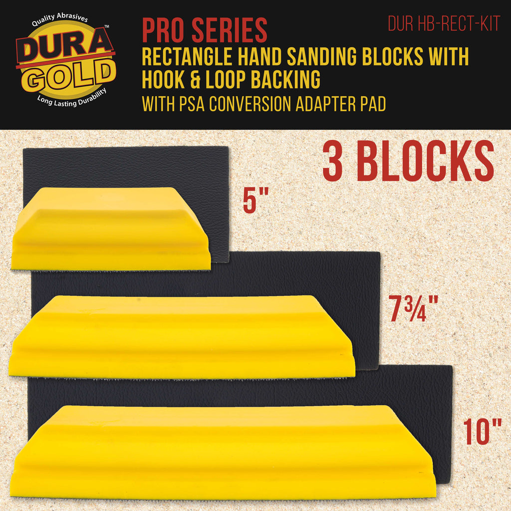 Pro Series Classic Rectangle Hand Sanding Block Kit with 3 Blocks, 5", 7-3/4" and 10" Set, Hook & Loop Backing and PSA Sandpaper Adapter Pad