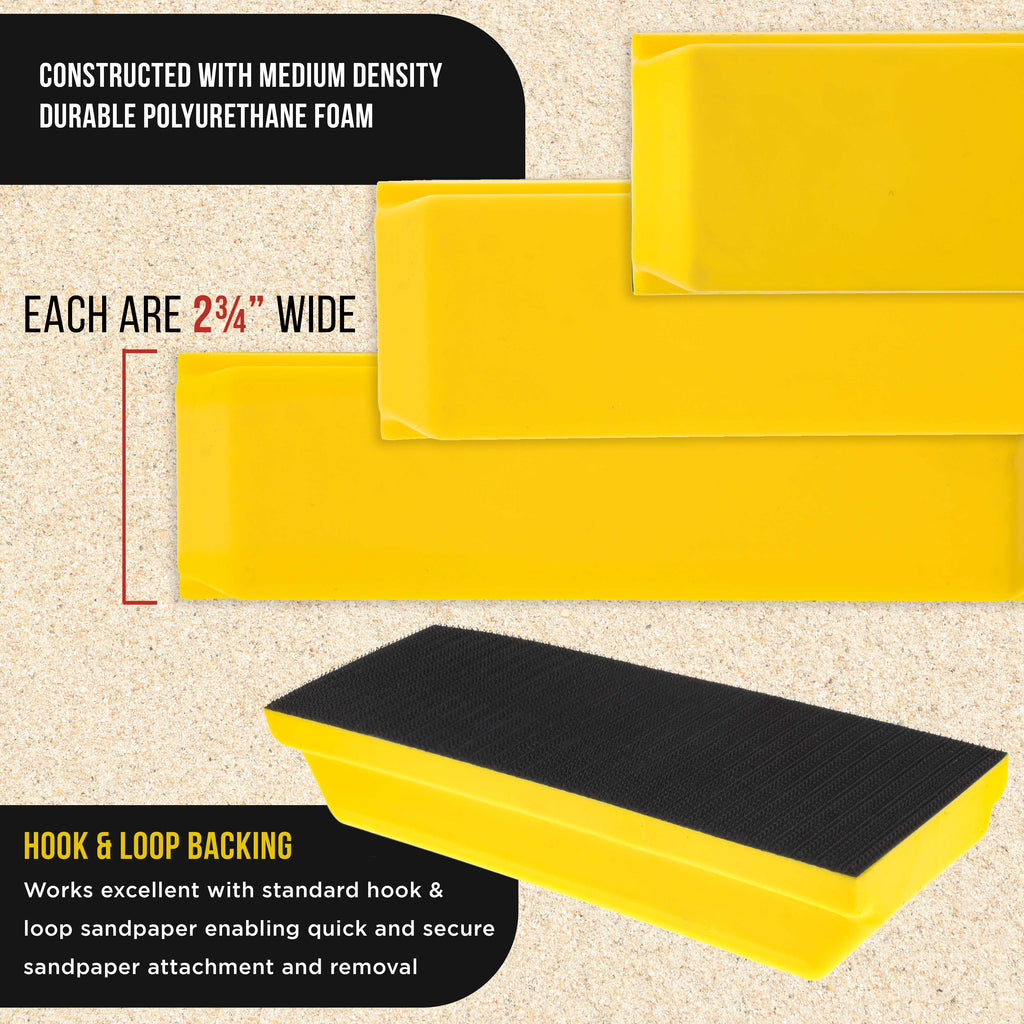 Pro Series Classic Rectangle Hand Sanding Block Kit with 3 Blocks, 5", 7-3/4" and 10" Set, Hook & Loop Backing and PSA Sandpaper Adapter Pad