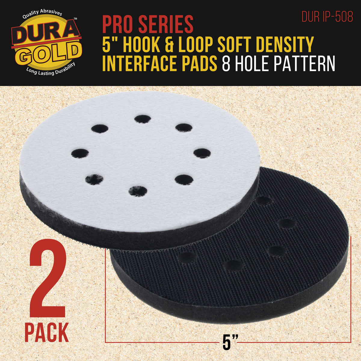 Pro Series 5" x 10mm Soft Density Interface Pad, 8 Hole Pattern Dustless, 2 Pack - Hook & Loop, Between Vacuum Sander Sanding Discs Polisher