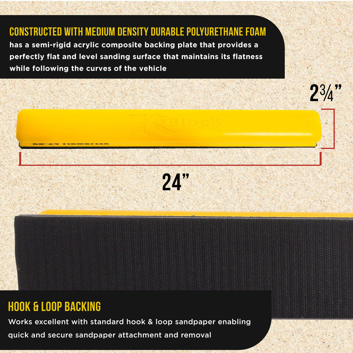 Pro Series 24" K-Block Sander Firm & Flex Hand Sanding Block Pad with Hook & Loop Backing and PSA Sandpaper Conversion Adapter Pad