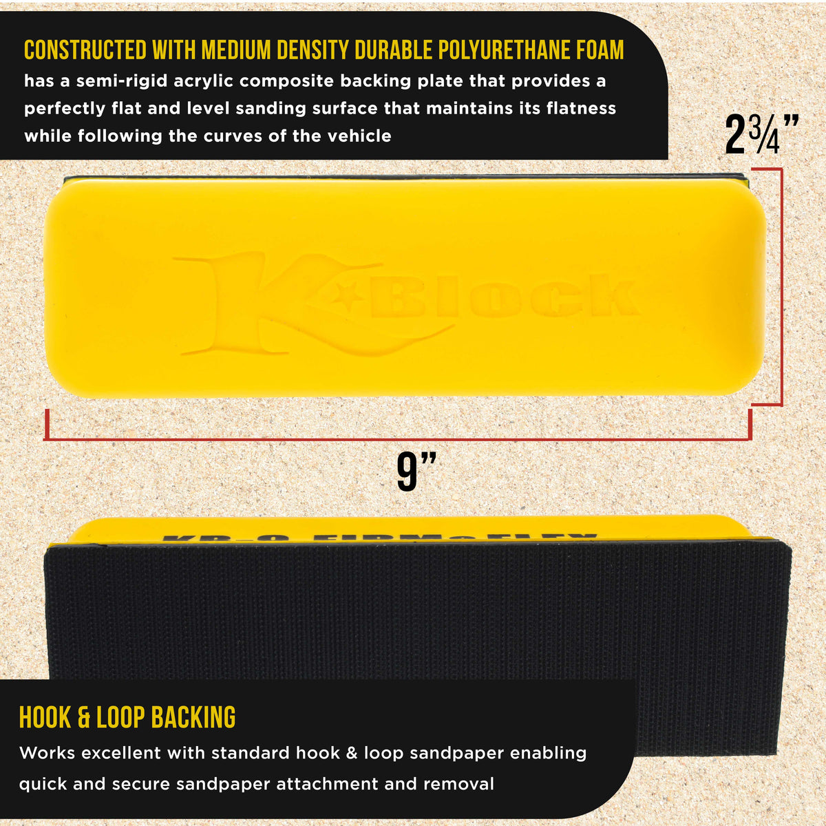 Pro Series 9" K-Block Sander Firm & Flex Hand Sanding Block Pad with Hook & Loop Backing and PSA Sandpaper Conversion Adapter Pad
