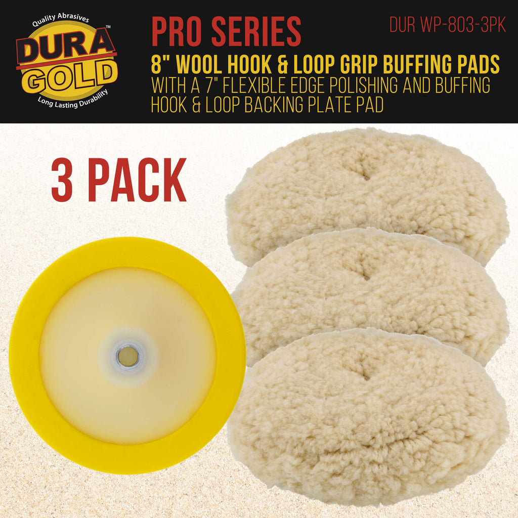 3 Pack of 8" 100% Premium Wool Hook & Loop Grip Buffing Pads with a 7" Flexible Edge Backing Plate - Compound Cutting, Polishing - Polisher