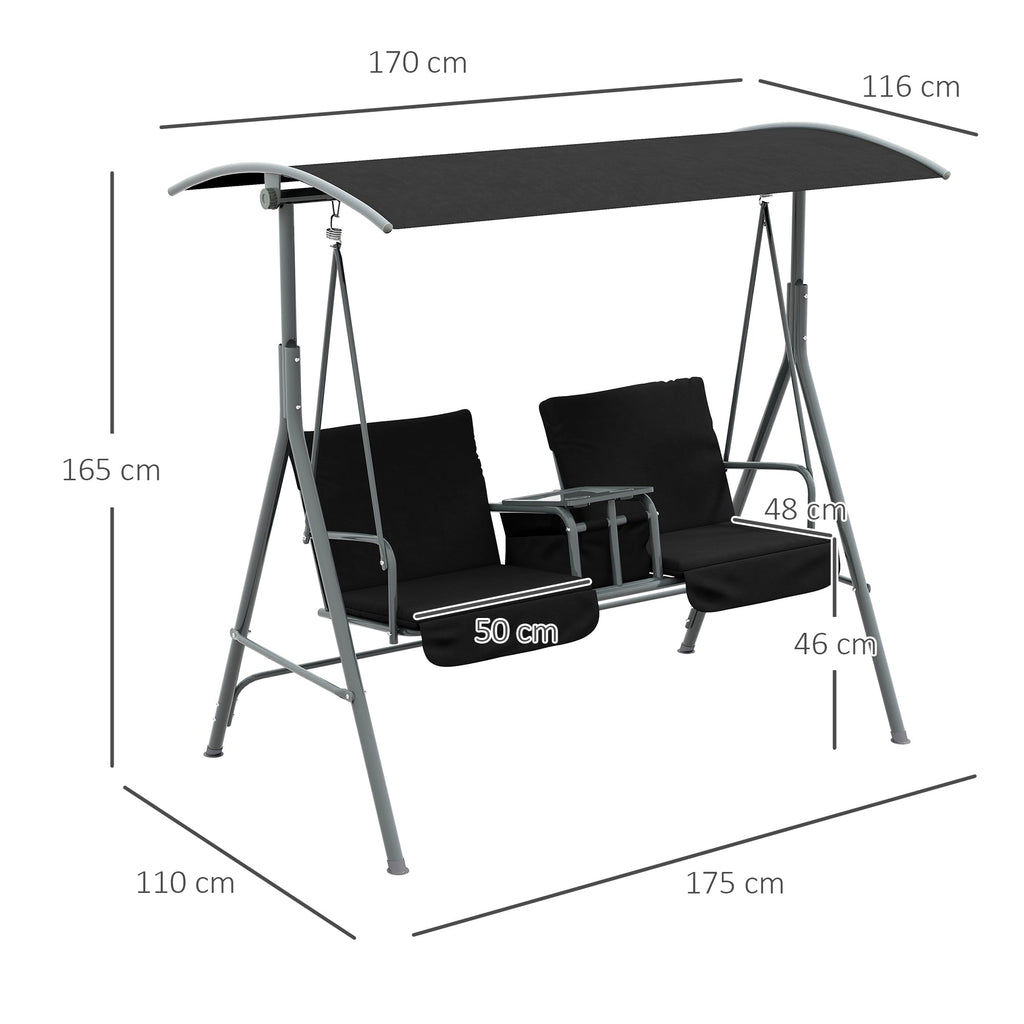 2 Seater Garden Swing Chair with Tilting Canopy, Tray & Storage Bag, Black