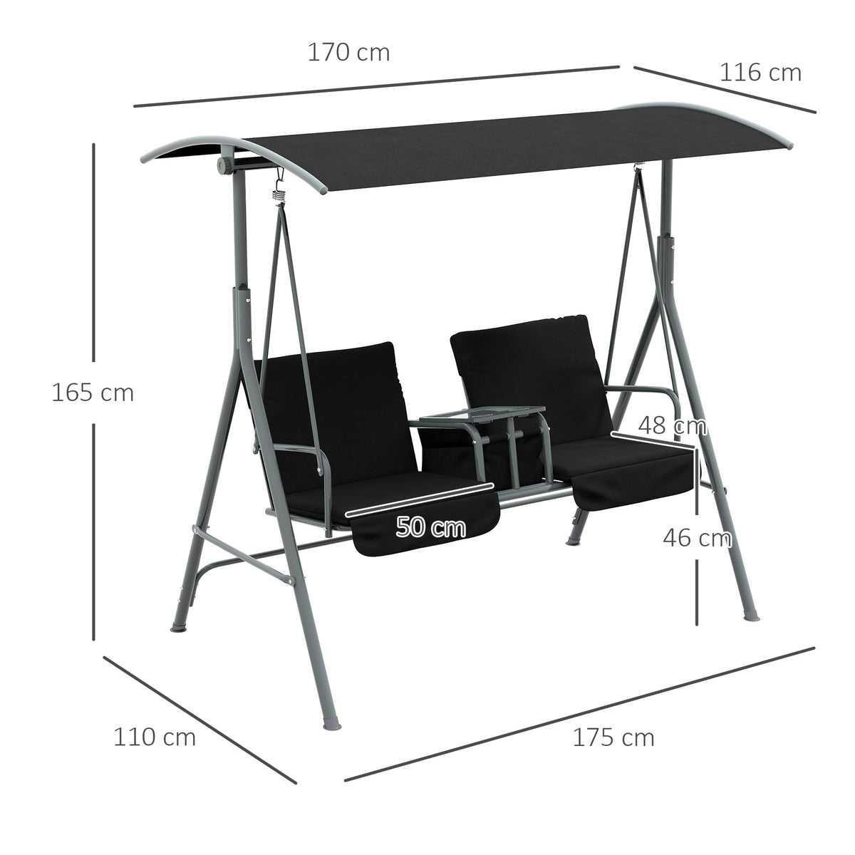 2 Seater Garden Swing Chair with Tilting Canopy, Tray & Storage Bag, Black