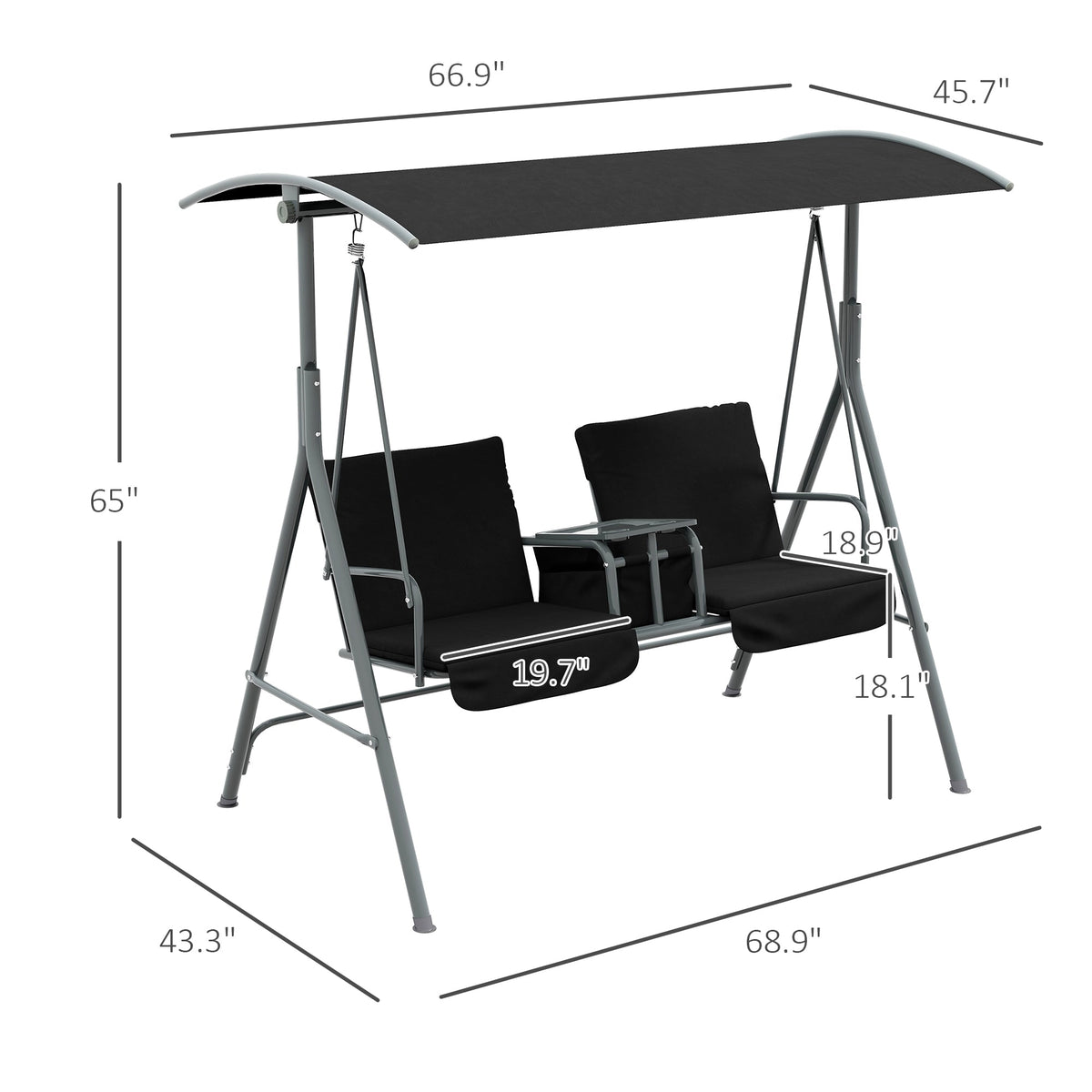 2-Person Porch Swing with Stand and Pivot Table, Black