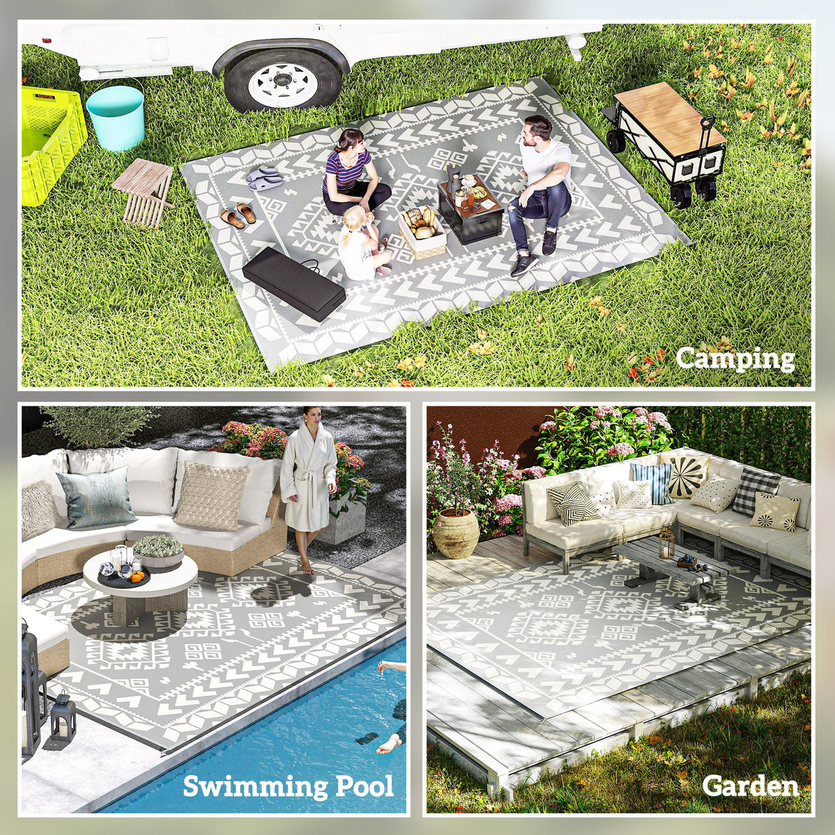 9' x 12'  Patio Reversible Outdoor RV Rug with Carry Bag, Rhombus Patchwork, White & Grey