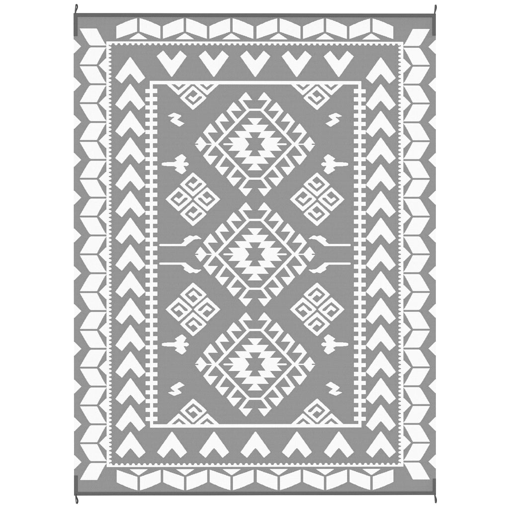 9' x 12'  Patio Reversible Outdoor RV Rug with Carry Bag, Rhombus Patchwork, White & Grey