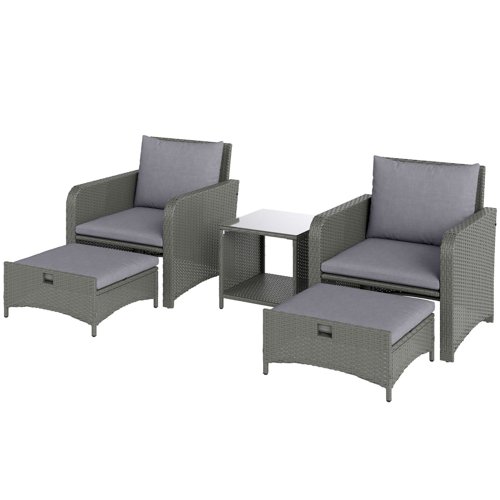 5 Piece Rattan Patio Set with 2 Chairs, 2 Ottomans & 2-Tier Table, Grey