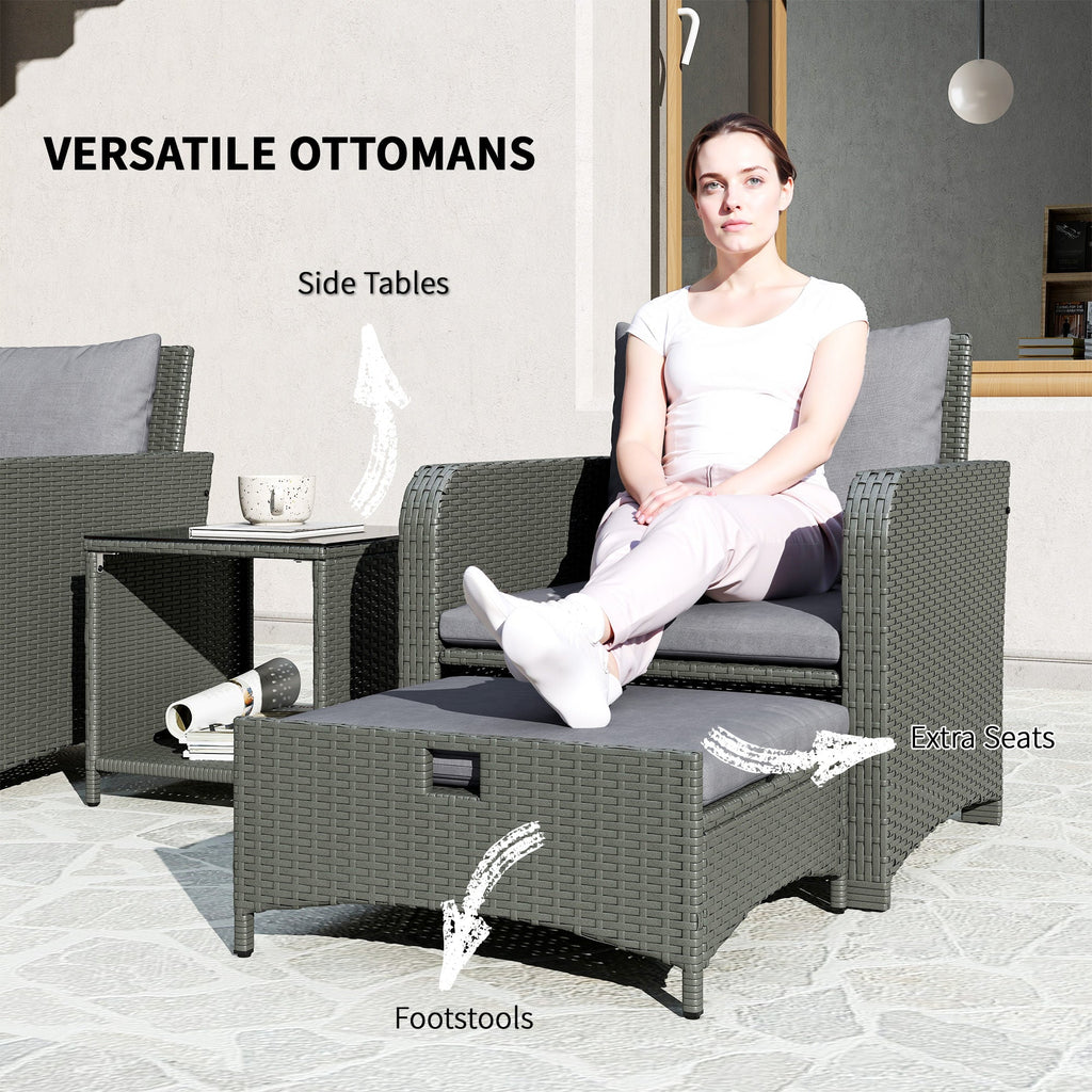 5 Piece Rattan Patio Set with 2 Chairs, 2 Ottomans & 2-Tier Table, Grey