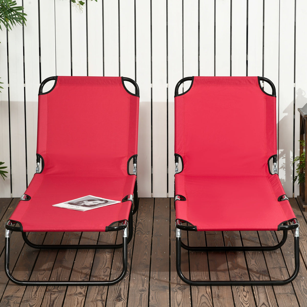 2-Piece Folding Chaise Lounge with 5-Level Reclining Back, Steel Frame, Red