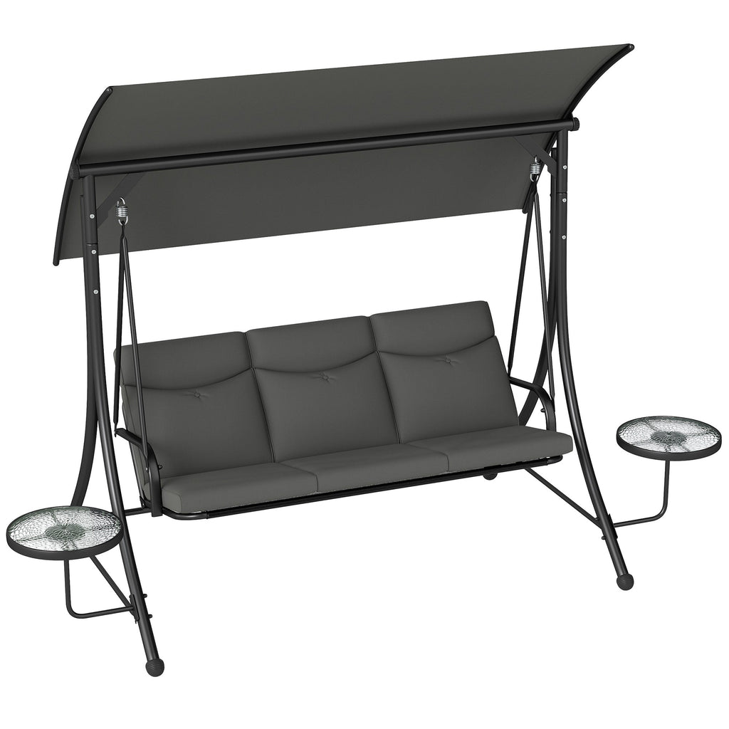 3 Seater Garden Swing Chair with Adjustable Canopy & Side Tables, Dark Grey