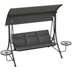 3 Seater Garden Swing Chair with Adjustable Canopy & Side Tables, Dark Grey