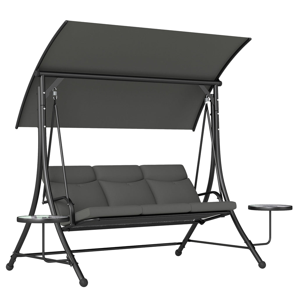 3 Seater Garden Swing Chair with Adjustable Canopy & Side Tables, Dark Grey