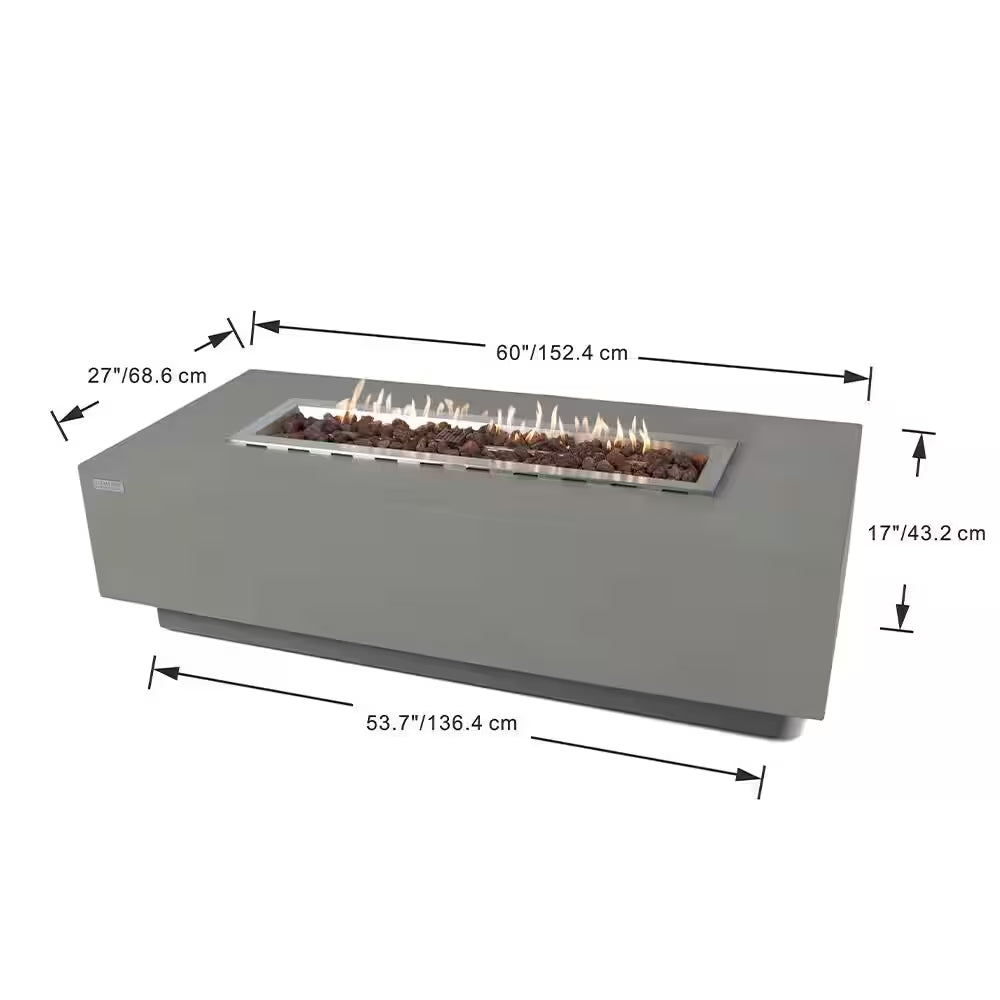 Granville 60-Inch Rectangular Concrete Propane Fire Table with Lava Rocks and Cover