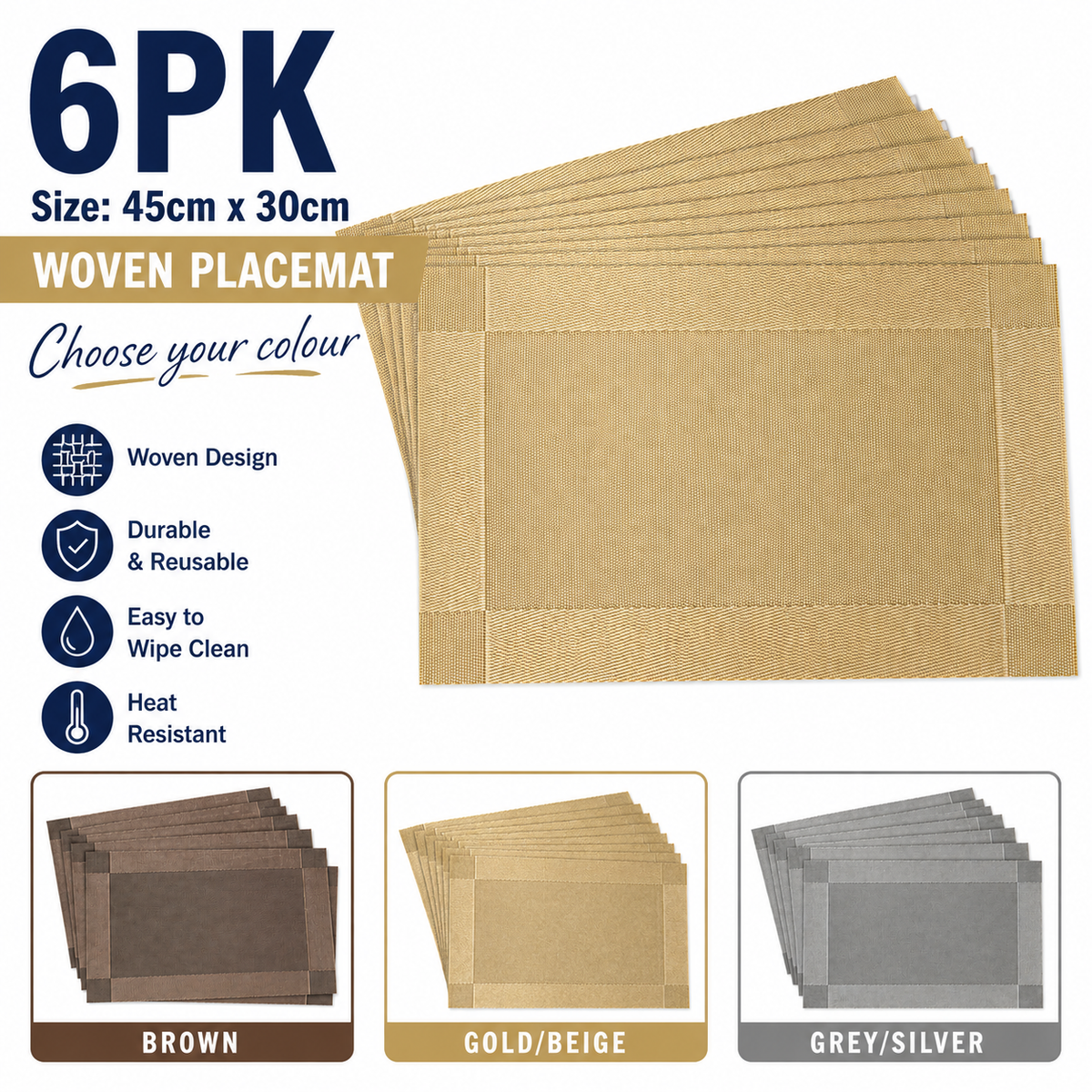 6PK Plastic Woven Placemats 45x30cm Dining Table Mats Choose Your Colour