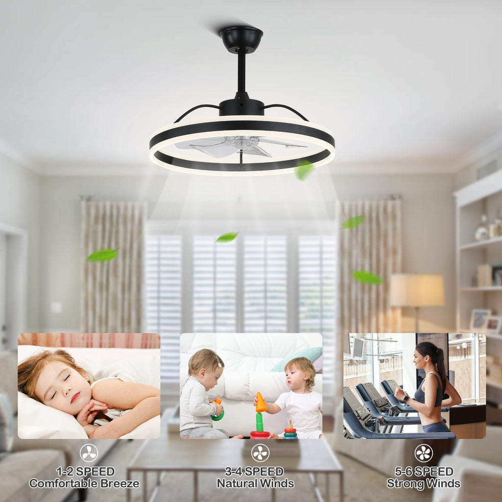 24 Inch Black/Gold/White/Coffee Modern Smart LED Ceiling Fan with Light and Remote, 6 Speeds DC Motor Fandelier Ceiling Fan