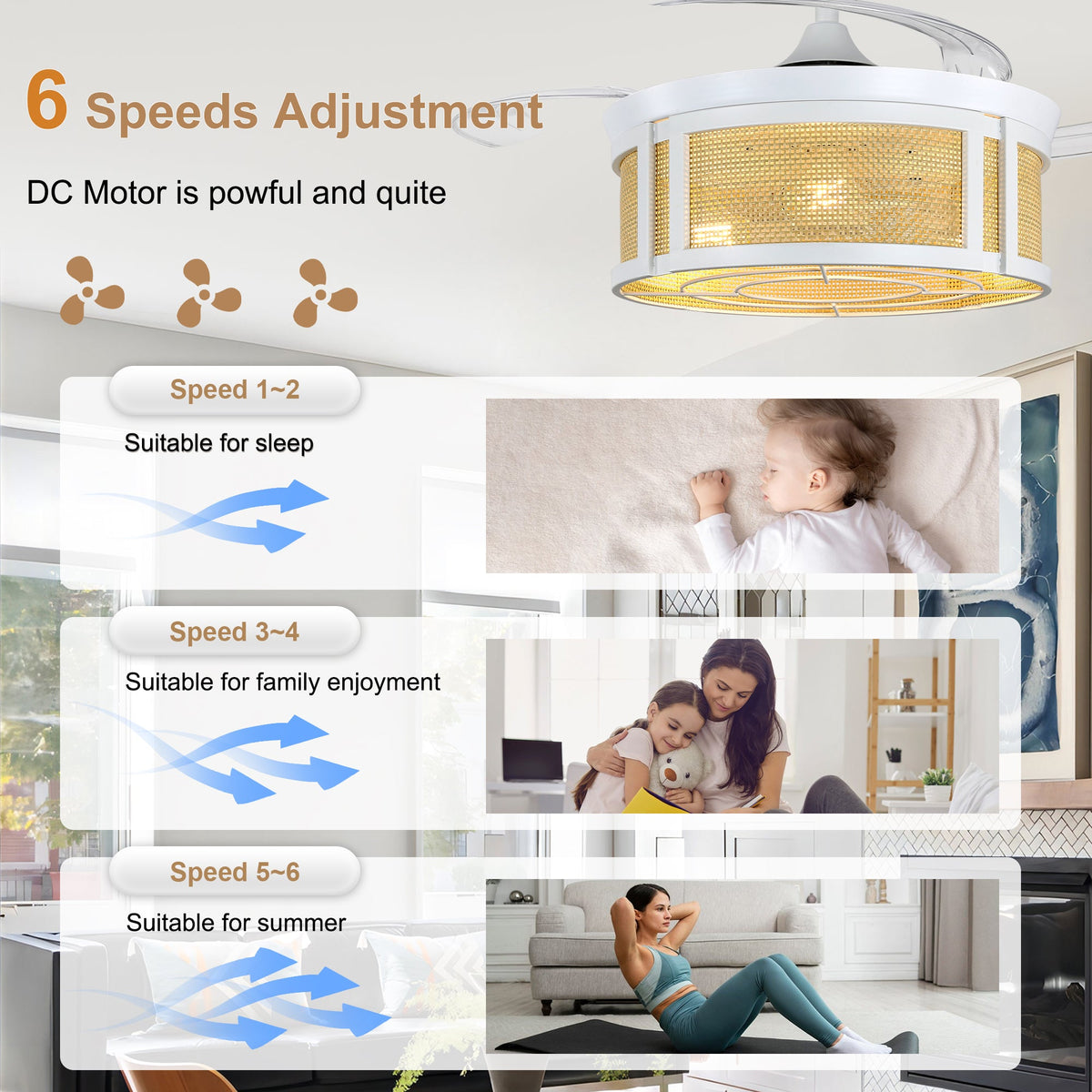 42 Inch White Rattan Retractable Ceiling Fan with Lights and Remote, 6 Speeds DC Motor Bladeless Fandelier Ceiling Fan for Bedroom