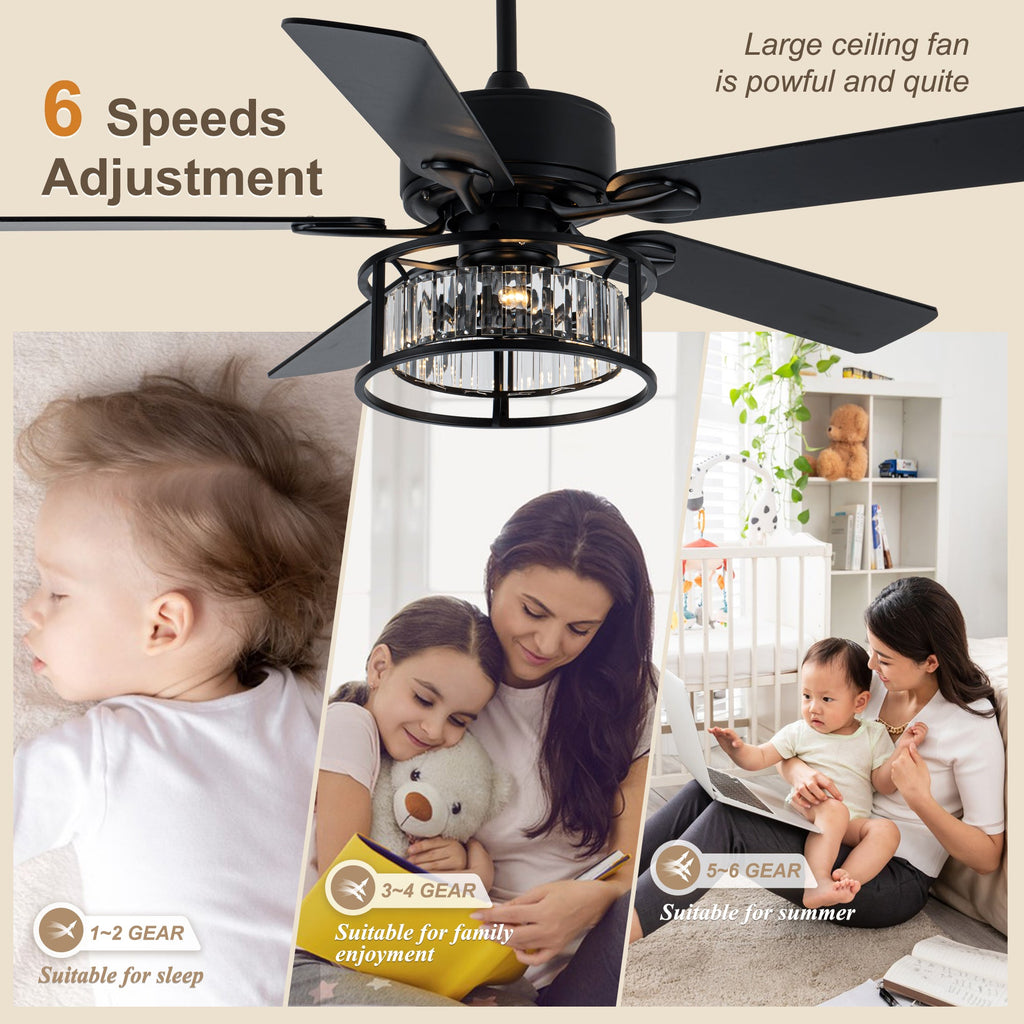52 Inch Modern Glam Crystal Ceiling Fan with Lights and Remote, 6 Speeds DC Motor Black Reversible Ceiling Fan with Crystal Cage