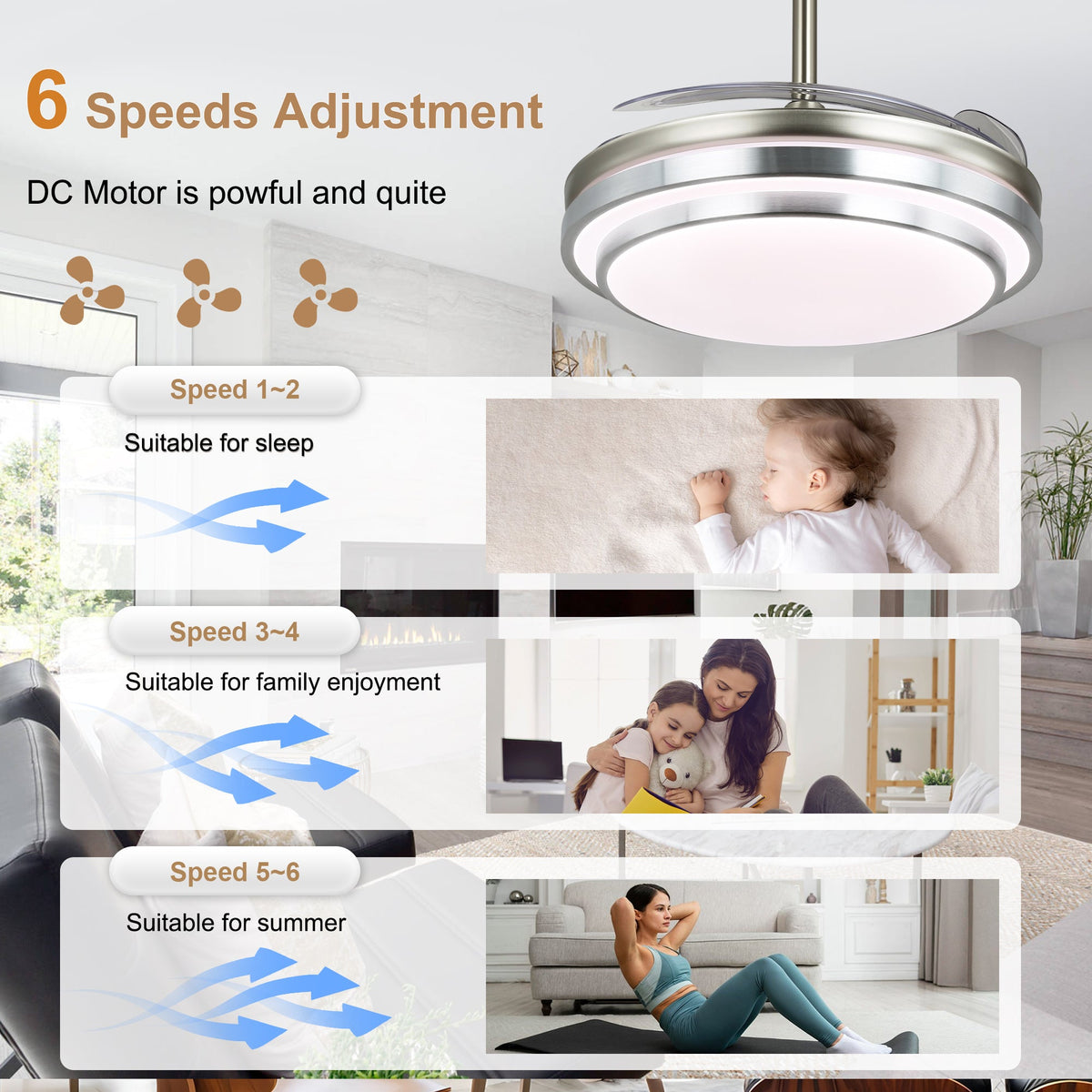 42 Inch Chrome Modern Retractable Ceiling Fan with Dimmable LED Light and Remote, 6 Speeds DC Motor Reversible Fandelier Ceiling Fan