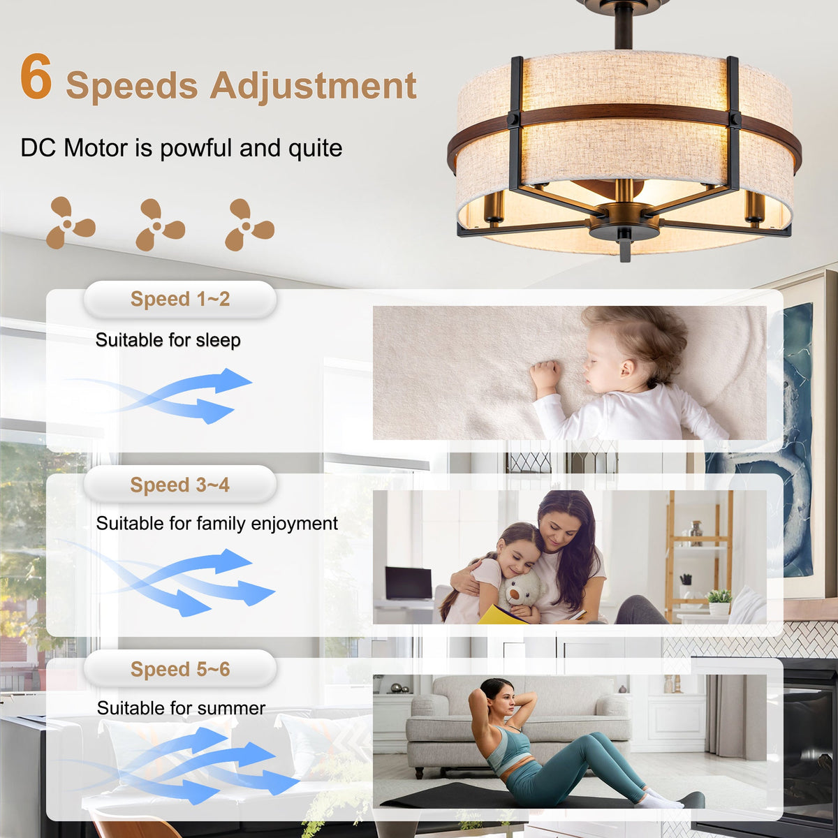 20 Inch Farmhouse Drum Caged Ceiling Fan with Lights and Remote APP Control, 6 Speeds DC Motor Reversible Fandelier Ceiling Fan for Bedroom
