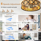 23 Inch Boho Rattan Flush Mount Ceiling Fan with Lights and Remote, 6 Speeds DC Motor Farmhouse Low Profile Bladeless Ceiling Fan