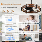 24 Inch Black Farmhouse Wagon Wheel Ceiling Fan with Lights and Remote, 6 Speeds DC Motor Reversible Bladeless Fandelier Ceiling Fan