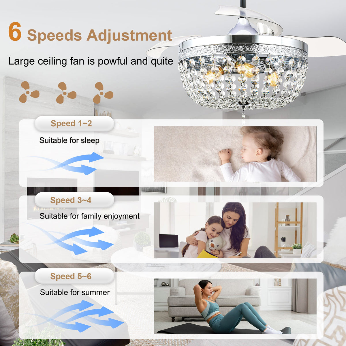 42 Inch Chrome Modern Glam Crystal Retractable Ceiling Fan with Lights and Remote Control, 6 Speeds DC Motor Fandelier Ceiling Fan