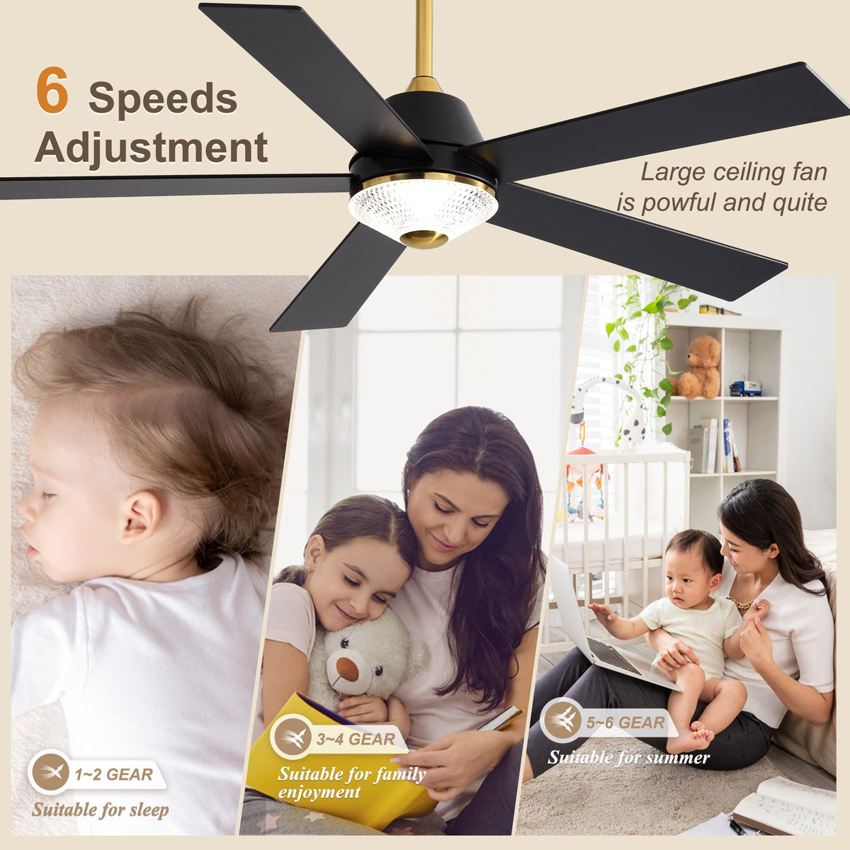 52 Inch Black and Gold Modern Ceiling Fan with LED Light and Remote Control, 6 Speeds DC Motor 5-Blade Reversible Ceiling Fan for Living Room