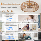 Bohemian 20 Inch Retractable Ceiling Fan with Light Quiet DC Motor Reversible 6-Speed Ceiling Fan with Light Retro 4-Light Ceiling Fan Suit for Living Room, Bedroom, Kitchen