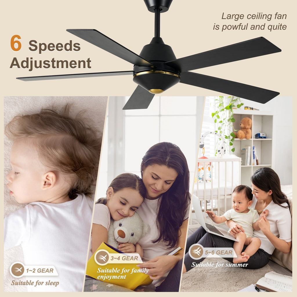 52 Inch Black Modern Ceiling Fan with Remote Control, 6 Speeds DC Motor 5-Blade Reversible Ceiling Fan for Living Room