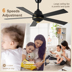 52 Inch Black Modern Ceiling Fan with Remote Control, 6 Speeds DC Motor 5-Blade Reversible Ceiling Fan for Living Room