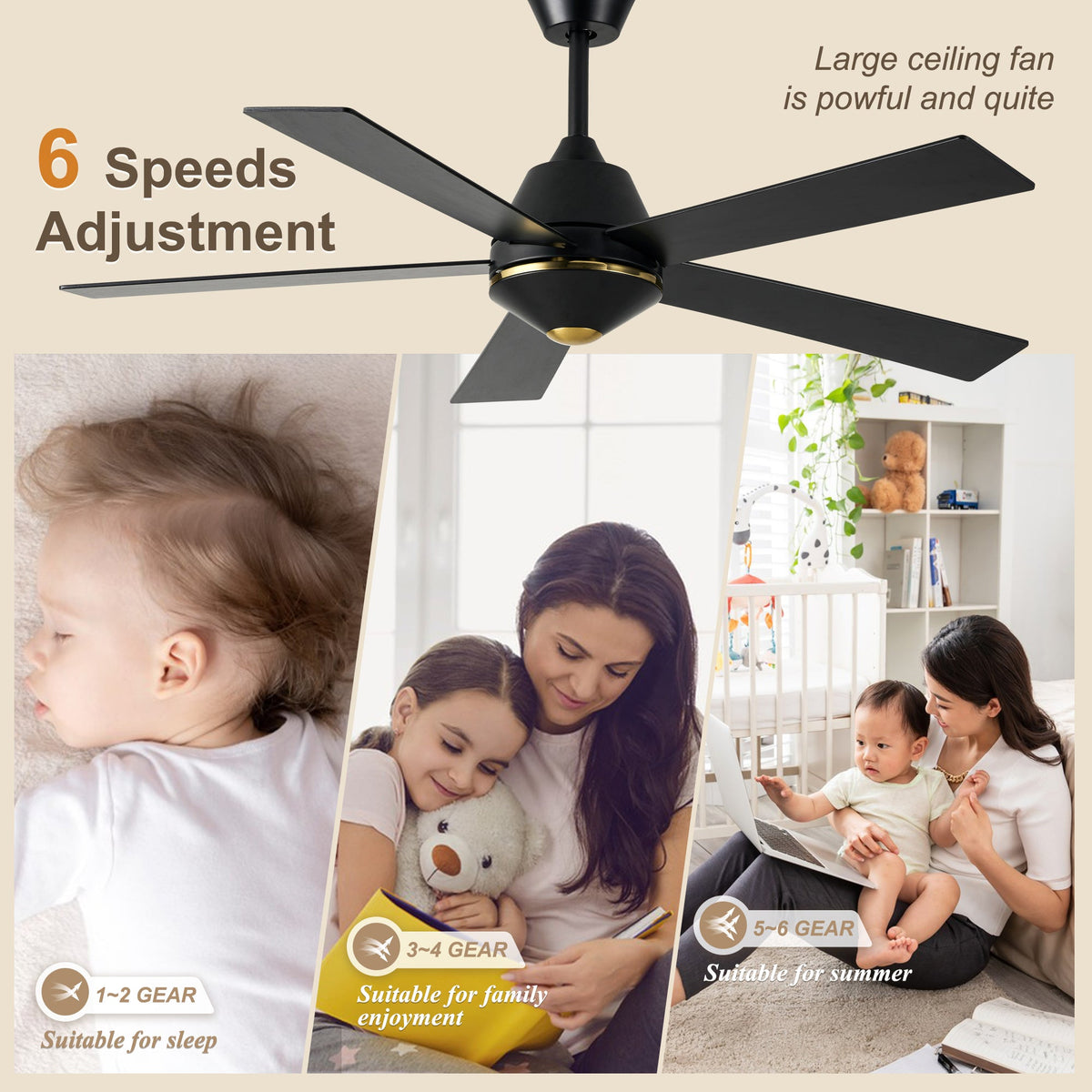 52 Inch Black Modern Ceiling Fan with Remote Control, 6 Speeds DC Motor 5-Blade Reversible Ceiling Fan for Living Room