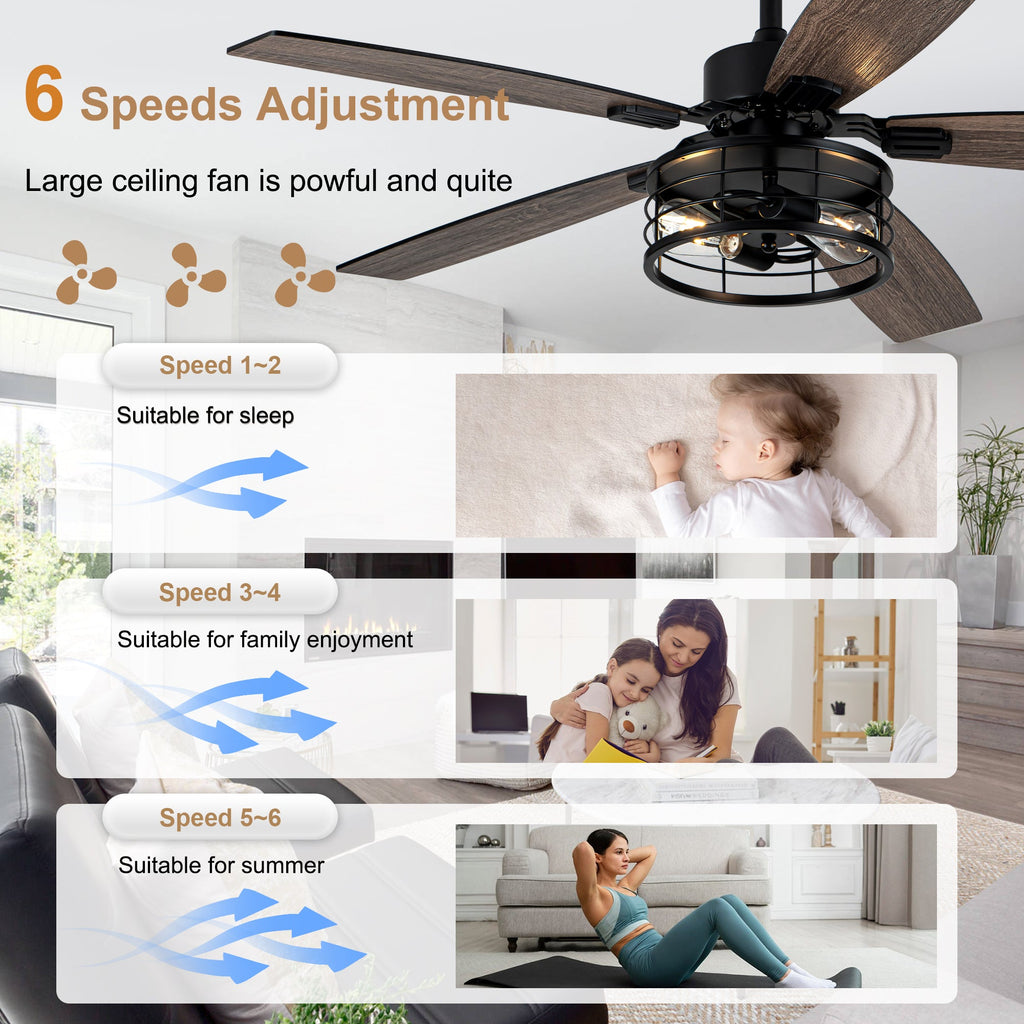 52 Inch Industrial Metal Caged Ceiling Fan with Lights and Remote Control, Silent DC Motor Fan for All Seasons